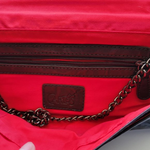 CARLOS SANTANA FAUX LEATHER BROWN MUSIC GUITAR STUD CHAIN CLUTCH PURSE - Picture 3 of 5